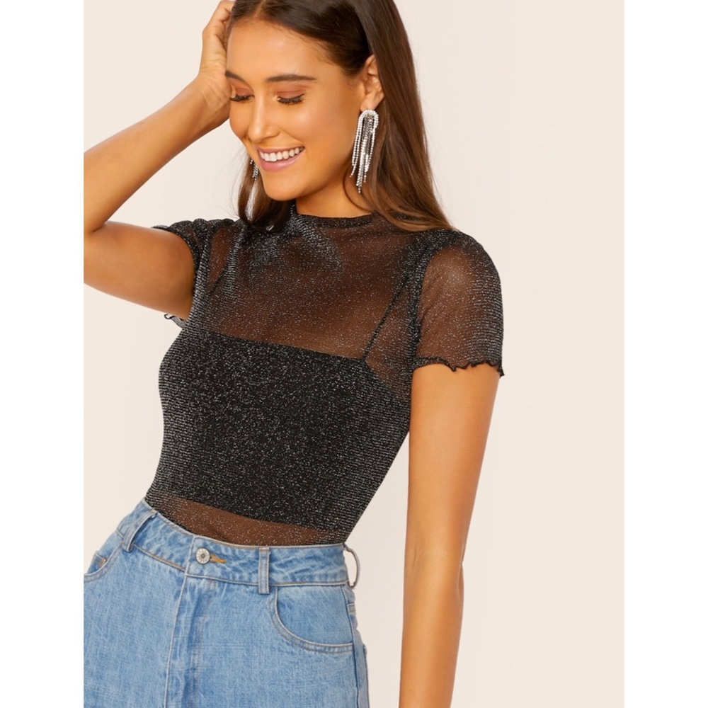 🚫SALE🚫 NWOT Lettuce trim mesh glitter top